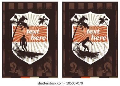 surf shields with riders and grunge backgrounds