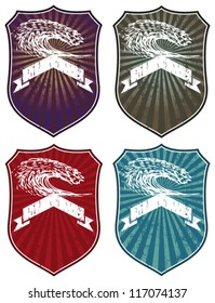 surf shields with waves and banners
