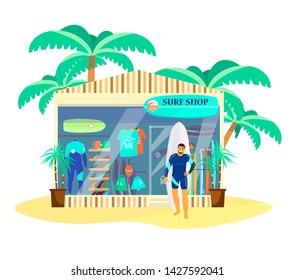 Surf Shop Front With Surfer In Wetsuit Standing Outside. Shop Showcase. Surf Equipment: Boards, Clothes, Flippers And Tails. Flat Cartoon Vector.