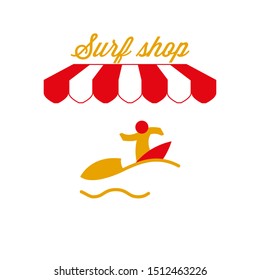 Surf Shop Sign, Emblem. Red and White Striped Awning Tent. Surfer Icon. Gold and Red Colors. Flat Vector Illustration.