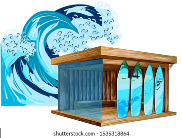 surf shop and wave. surf board and sea waves
