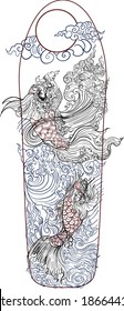 Surf skate deck art and illustration.
Hand drawn Thai style koi fish with ocean wave.vector and illustration skateboard and surf skate idea.