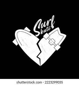 Surf Skate, surf, skate con el logotipo del Skate, estilo de vida, patinaje sobre el corazón, ilustración del vector roto del corazón, fondo del elemento icono