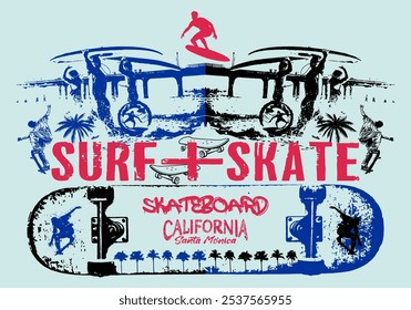 Surf and Skate vector illustration. T-shirt print, illustration, lettering, calligraphy, surfing, skateboarding, lifestyle