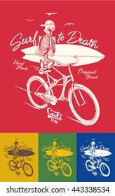 Surf Skeleton. Surf California Quality Hand Made Tee Print Graphic. Long Beach Surf Story Vector Element.