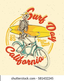 surf skeleton. surf California Quality hand made tee Print graphic. Long beach surf story vector element.