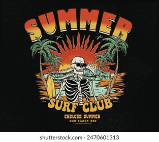 Surf skeletons hand sketch. Summer slogan t-shirt. Surf club design. Beach wave artwork. Surfing board. Summer abstract art. Sunshine paradise graphic print design. Tropical island art for fashion and