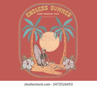 Surf skeletons hand sketch. Summer slogan t-shirt. Surf club design. Endless summer art. Sunshine paradise graphic print design. Tropical flower island art for fashion and others.