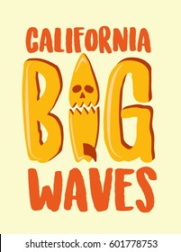 Surf skull. Surfer and big wave. surf graphic. T-shirt design. Typography surfing