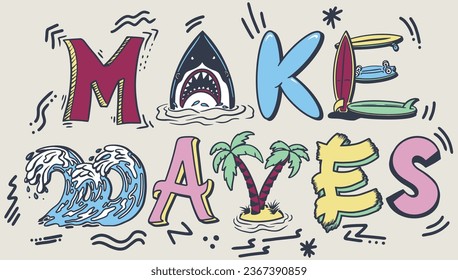 A surf slogan beach summer make waves typography palm tree shark surfboard graphic t-shirt placement vector artwork