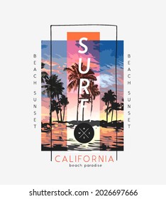 surf slogan on palm beach sunset background vector illustration