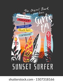 surf slogan with surfboards on sunset background 