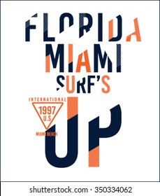 surf sport florida miami typography, t-shirt graphics, vectors