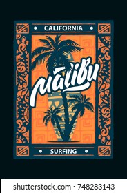 Surf sport Malibu poster with lettering and typography. T-shirt design graphics, vectors.