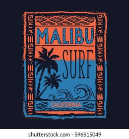 Surf Sport Malibu Typography, Tee Shirt Graphics, Vectors