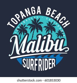 Surf sport rider Malibu typography, tee shirt graphics, vectors