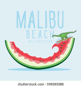 Surf sport typography, watermelon smile and dinosaur illustration, tee shirt graphics, vectors