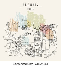 Surf spot, Goa, India. Lifeguard house, tree, sand, sea, jeep. Tropical paradise landscape. Surfing vacation place. Romantic getaway. Travel sketch. Vintage hand drawn postcard. Vector illustration