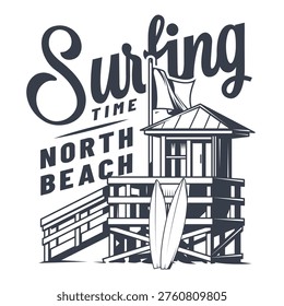 A surf spot at North Beach shows a lifeguard tower and two surfboards leaning against it. Surfing is the main activity taking place in this sunny location.