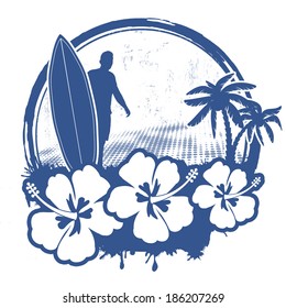 Surf stamp with grunge summer background, vector illustration