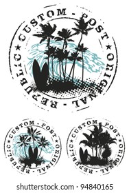 surf stamp mark with palms and big wave