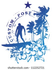 surf stamp with palms rider and hibiscus