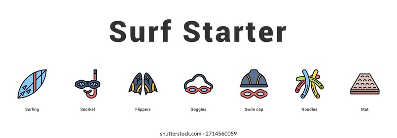 Surf Starter Ilustración de Anuncio de Web moderno y limpio con íconos temáticos para la comunicación visual