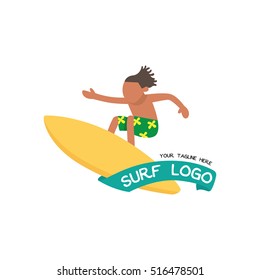 Surf sticker design. Cartoon surf boy . Surfing character logo design template