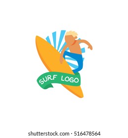 Surf sticker design. Cartoon surf boy . Surfing character logo design template