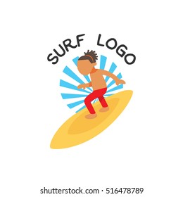 Surf sticker design. Cartoon surf boy . Surfing character logo design template