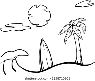 Surf style outline vector illustration with surfboard, sand, palm tree and ocean suitable for T shirt design or tote bag print
