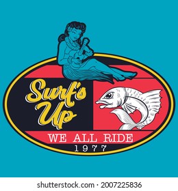 surf style print with hawaiian woman and text blue background