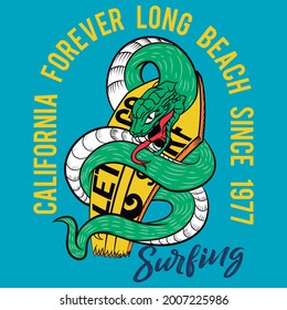 surf style print snake hugging a surfboard text and blue background
