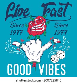 surf style print with text live fast and blue background , rose, hand and dice