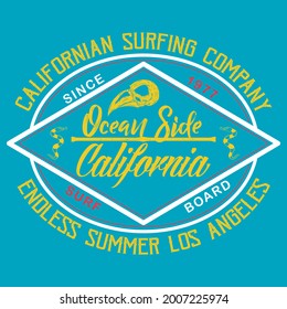 surf style print with text ocean side california and blue background