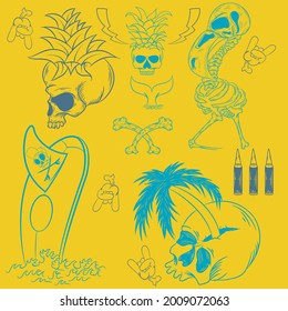 surf style print various elements and yellow background