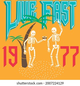surf style print yellow background text break live fast skeletons and palm trees