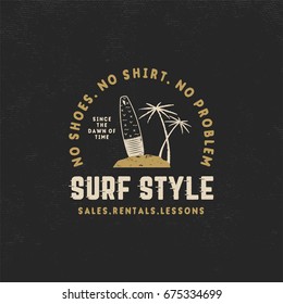 Surf style vintage label. Summer surfing style emblem with surfboard, tropical palms and typography elements. Use for t-shirts, clothing print, other brand identity. Stock vector isolated on black.