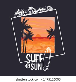 Surf and summer card with summer and beach cartoons , vacations and travel. vector illustration graphic design.