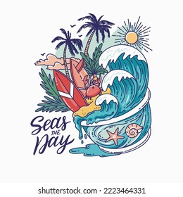 Surf in the summer days. Vector hand drawn illustration with vacation theme