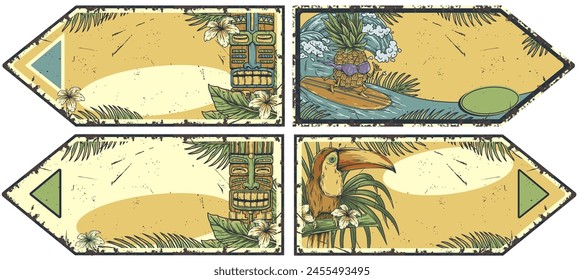 Póster de surf con playa soleada, olas y tabla de surf. Colección de máscara de tiki de madera de Hawái. Ídolo étnico tradicional. Antiguo tótem tribal para el bar tiki. Espacio de texto.