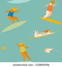 Surf summer pattern. Vector surfing girls seamless background. Surfers abstract illustration.
