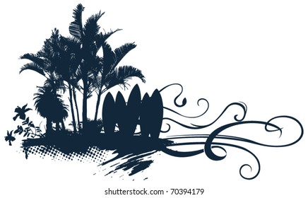 surf summer scene with flower palms and tables