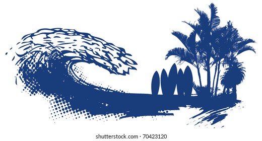 surf summer scene with tables palms and grunge wave