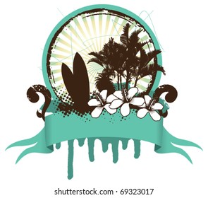 surf summer shield with banner hibiscus table and palms