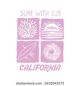 surf with sun in California slogan tee. summer sunset print design. girls beach graphics. sea beach vibes print design