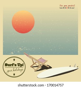 Surf and sun lounger on the beach, background in vintage style