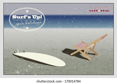 Surf and sun lounger on the beach, background in vintage style