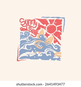 Surf and sunny typograpy. Surf club design. Beach modern abstract art. Beach paradise graphic print design. Enjoy beach life. Ocean abstract wave art. Summer vibes artwork.
