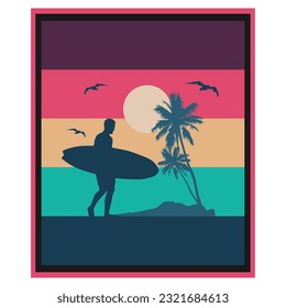 surf y puesta de sol en la ilustración vectorial de la playa
